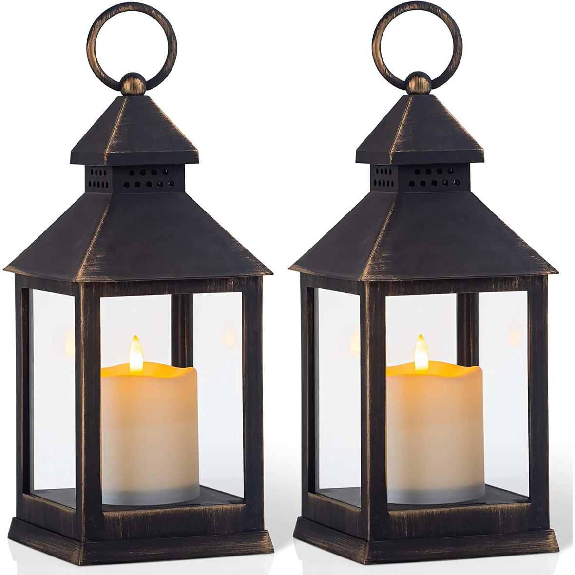 Yongmao Vintage Golden Brushed Black Lantern Decorative LED Flickering Flameless Candle with Timer, Battery Powered LED Decorative Hanging Lanterns for Indoor Outdoor Garden Yard Home Decor(2 Pack)
