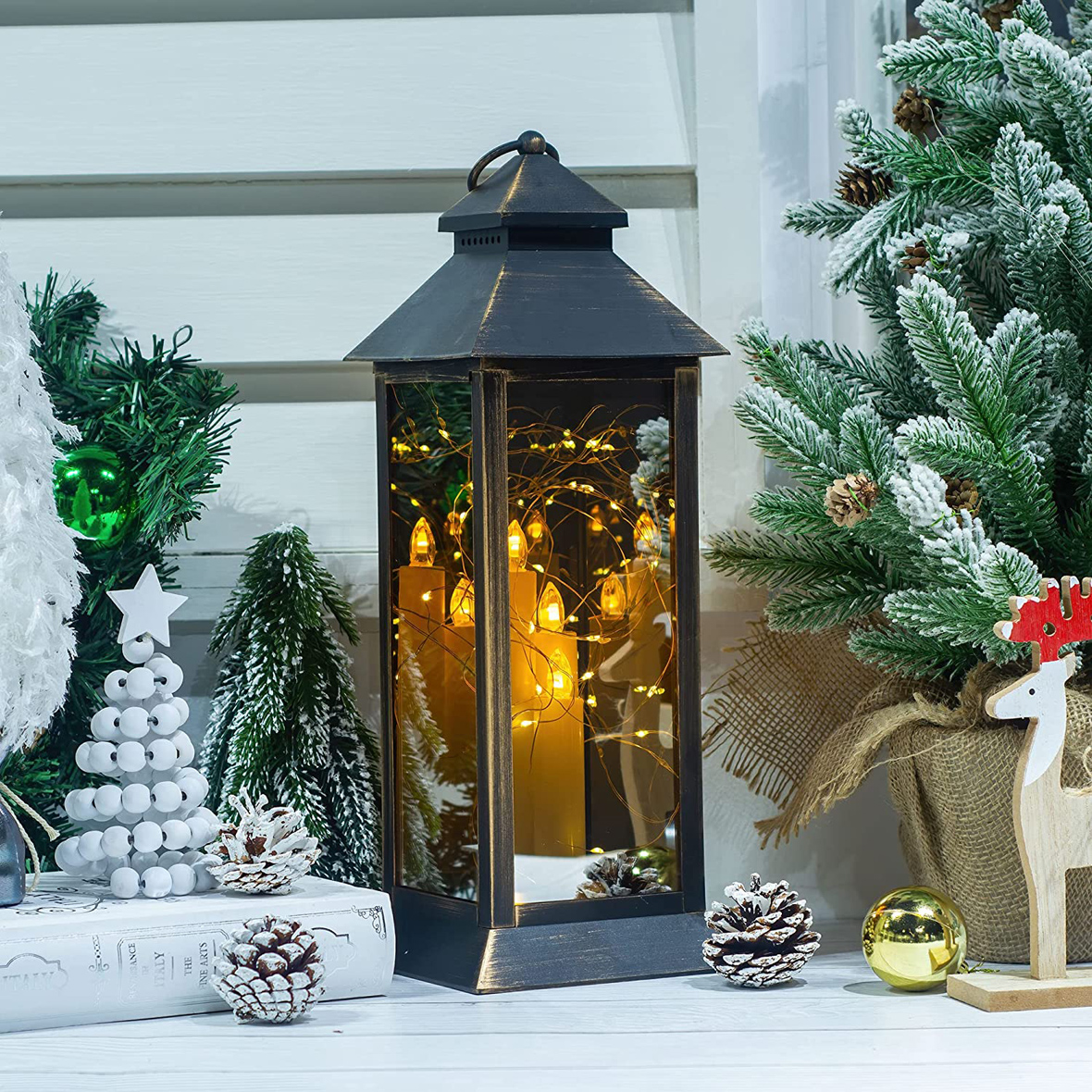 Yongmao Large Decorative Candle Lantern 17 Inch Tall Golden Brushed Black Vintage Lantern with Fairy String Lights Hanging Lantern with Timer for Indoor Outdoor Christmas Garden Yard Home Decor