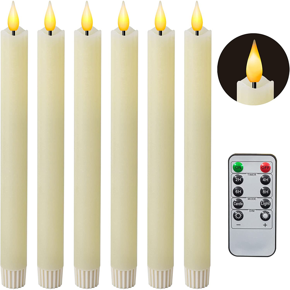 Yongmao Flameless Taper Candles Flickering Battery Operated with 10-Key Remote, Real Wax LED Window Candles Fake Electric Candles 3D Wick Warm Light Pack of 6 for Christmas Home Wedding Decor (Ivory)