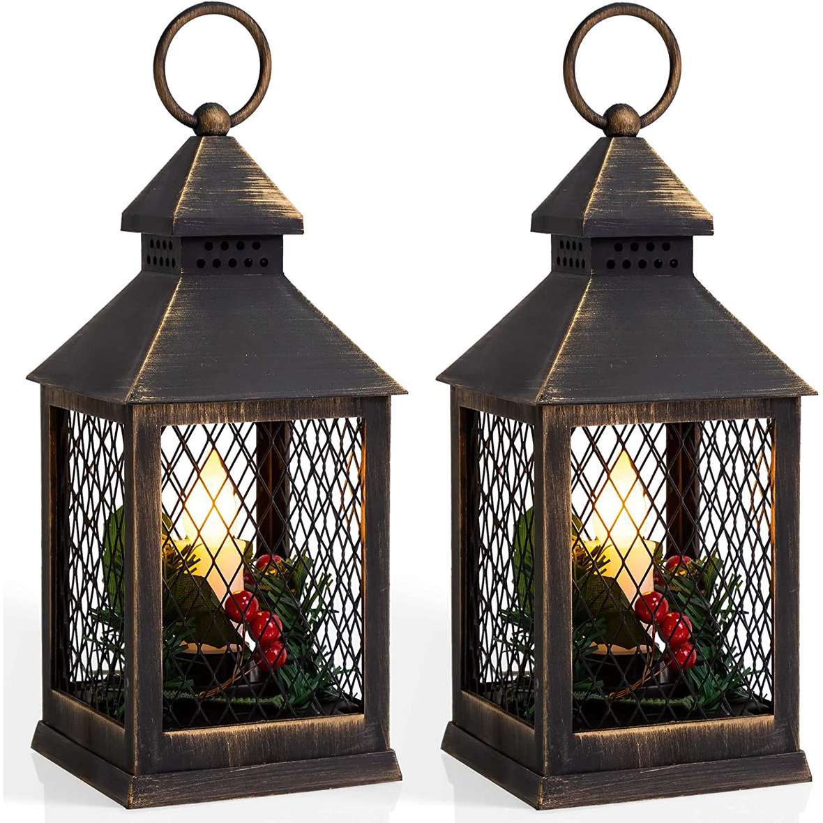 Yongmao Decorative Lantern LED Candle with Timer Vintage Christmas Black Look Distressed Pine Holly Berry Barbed Wire Hanging Lantern for Indoor Outdoor Home Christmas Decor