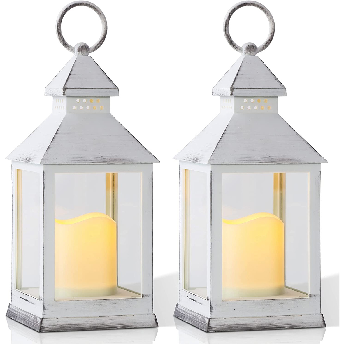 Yongmao White Vintage Lantern Decorative LED Flickering Flameless Candle with Timer, Battery Powered LED Decorative Hanging Lanterns for Indoor Outdoor Wedding Yard Home Decor(2 Pack)