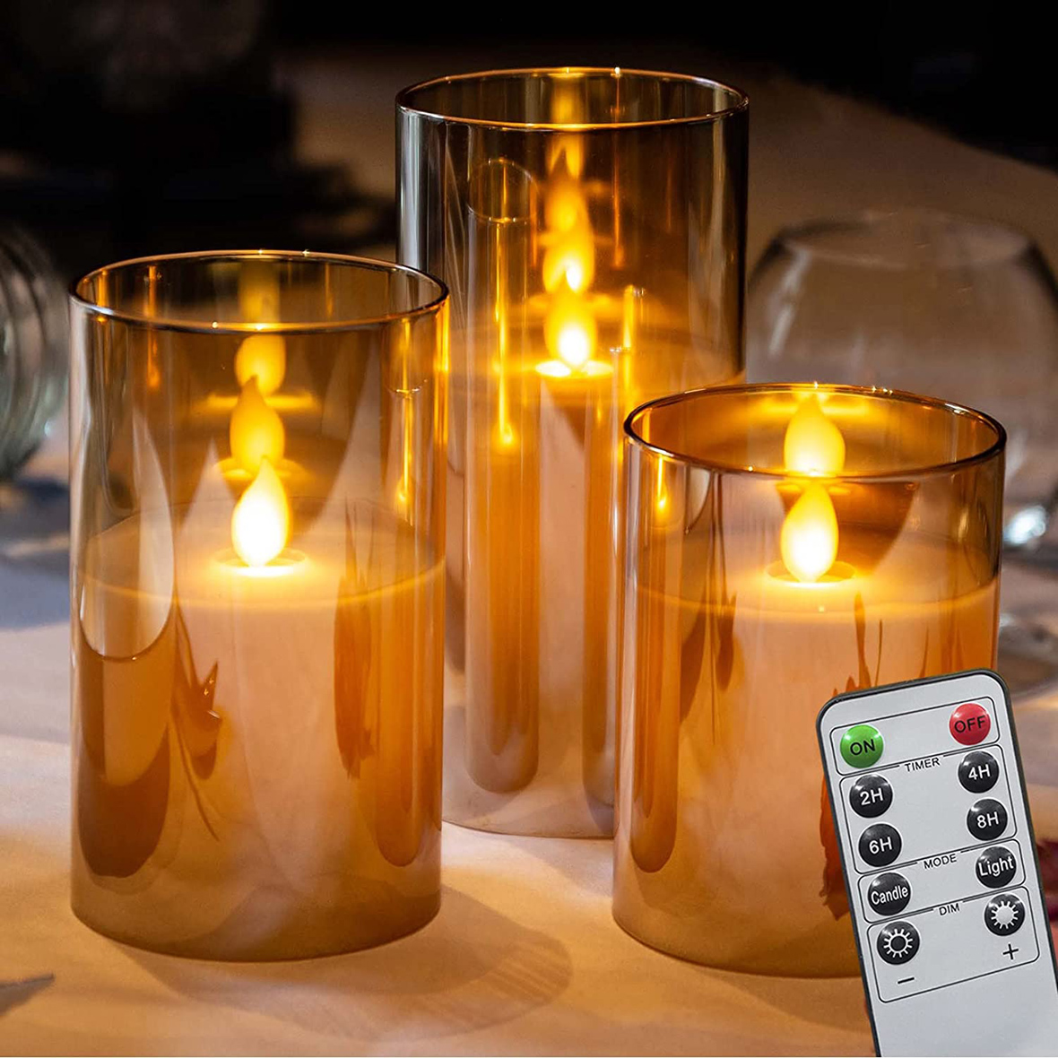 Yongmao Gold Glass Flameless Candles Battery Operated Flickering LED Pillar Candles Real Wax with 10-Key Remote And Timer for Home Decoration D3"x H4" 5" 6" (Set of 3)