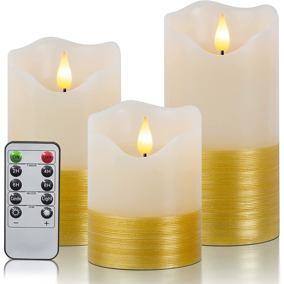 Yongmao Flameless Candles Gold Trim Battery Operated Pillar Real Wax LED Electric Candles Warm Light 3D Wick Flickering with 10-Key Remote for Home Wedding Birthday Decoration D3" H4" 5" 6"(Set of 3)
