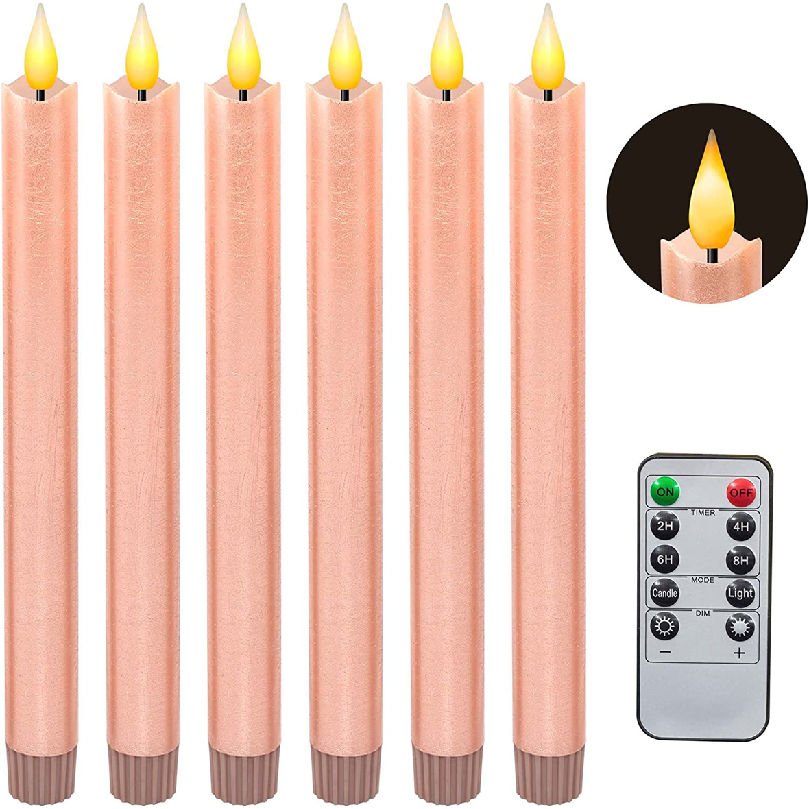 Yongmao Flameless Taper Candles Flickering Battery Operated with 10-Key Remote, Real Wax Pink LED Window Candles Electric Candles 3D Wick Warm Light 6PCS for Christmas Home Wedding Decor (Rose Gold)