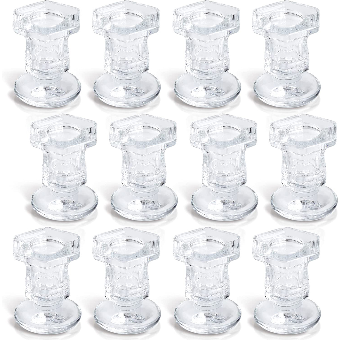 Yongmao Glass Candlestick Holders Set of 12, 2.5" H Taper Candle Holders, Clear Glass Candle Holders for Home Decor, Wedding, Anniversary, Festival, Party Centerpiece