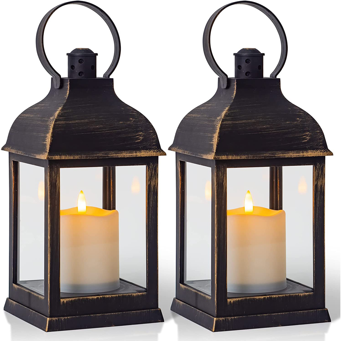 Yongmao Vintage Lantern Decorative LED Flickering Flameless Candle with Timer, Battery Powered LED Decorative Hanging Golden Brushed Black Lanterns for Indoor Outdoor Garden Yard Home Decor(2 Pack)